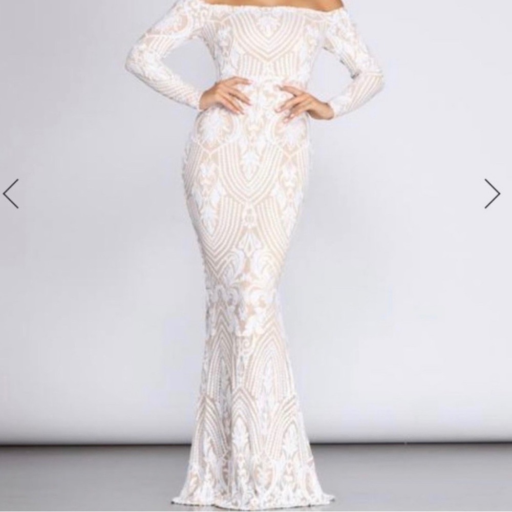 White sequin off the shoulder gown